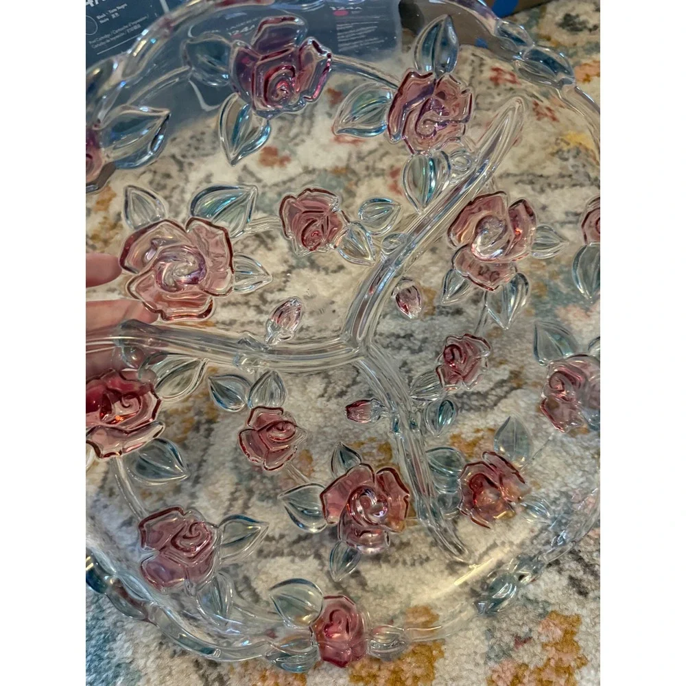 Vintage Style Pink Embossed Rose Iridescent Glass 3 Section Divided Serving Tray